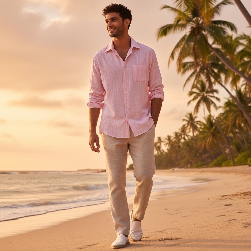 Tommy Bahama Mens Pink Stripe Linen Blend Button Down Shirt Palm Tree Size XL